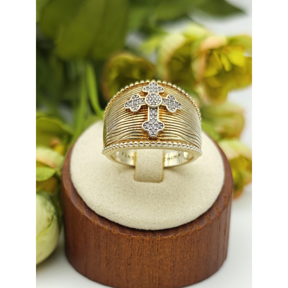 Vintage Cross Rhinestones & Yellow Sterling Silver Statement Ring, Size 9